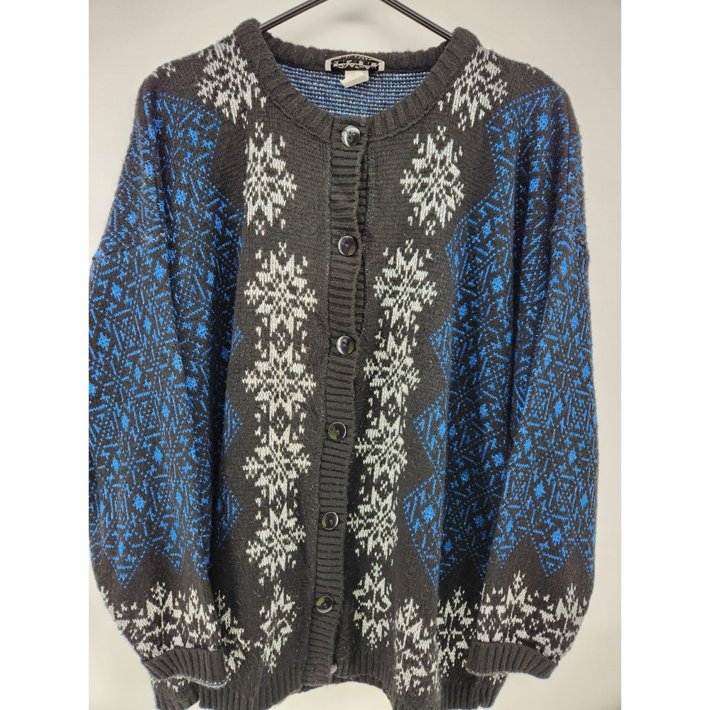Jonathan Cass Vintage Nordic Snowflake Cardigan Black Blue Metallic Plus 22W USA